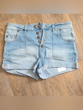 High-Rise Light Blue Denim Button-Fly Shorts